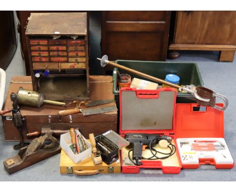 A Black &amp; Decker 240V drill; a Weller soldering tool, both cased; a collection of hand tools &amp; accessories; &amp; an 
