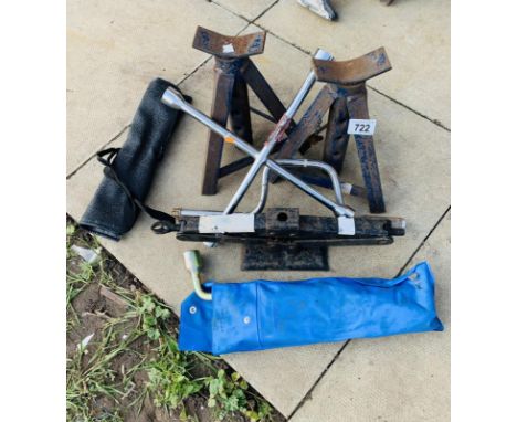 A selection of car stands, old car jacks &amp; wheel nut unlocking tool 