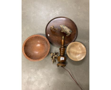 A trio of wooden items, a turned Lamp Base,a small beech dish and larger fruit wood bowl. 