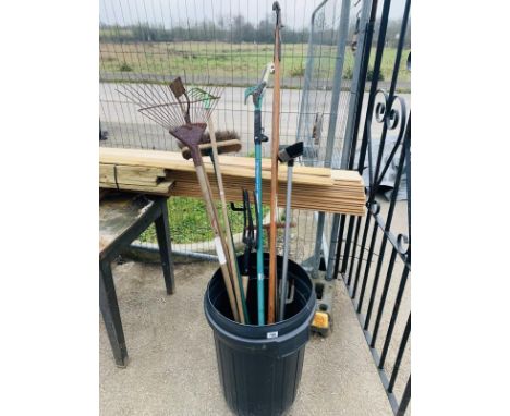 Collection of garden tools, &amp; brushes. (bin not included) 