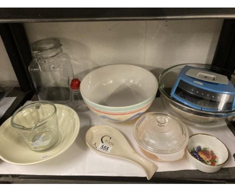 A collection of kitchen Pyrex and other wares plus Salter scale 