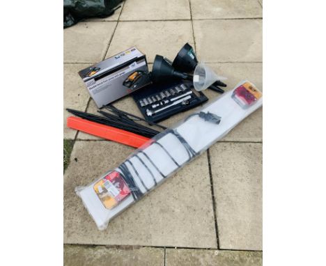 Double barrel foot pump. trailer light set, various windscreen wipers, 2x flex funnels and a Halford socket set 