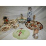 A mixed lot of ceramics including hand-painted basket on stand.