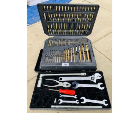 A box of drill bits of various sizes &amp; A box of Jaguar car tools. Both incomplete 