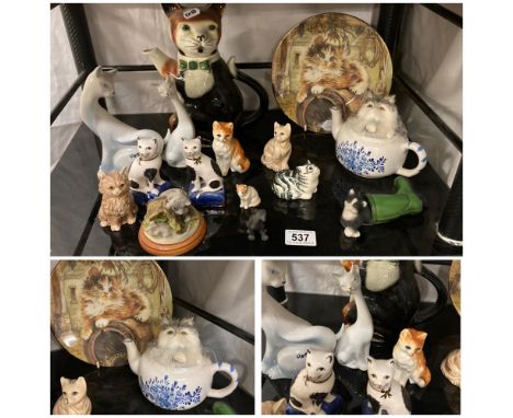 A collection of Cat figures, a tea pot and Royal Worcester plate. 