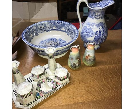 A Victorian blue and white wash bowl and jug, Art Deco style dressing table set and a pair of printed panel urn vases. 