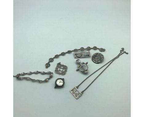 A Lot of silver jewellery which includes 4 brooches one is by Ortak, Hamilton watch, Edinburgh silver pendant &amp; chain, Si