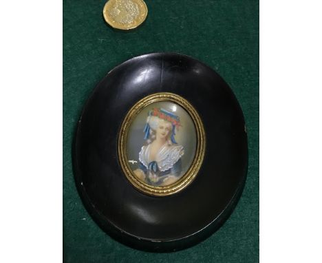 A beautiful French hand painted portrait miniature of Madame Lamballe fitted in an Ebonised frame. Frame measures 8.5x7.5cm 
