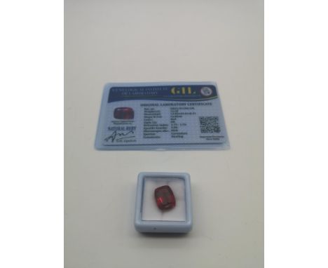 Gemelogical Institute of Laboratory Natural Red Ruby 12.30ct stone. Cushion cut. Comes with certificate card of authenticity 