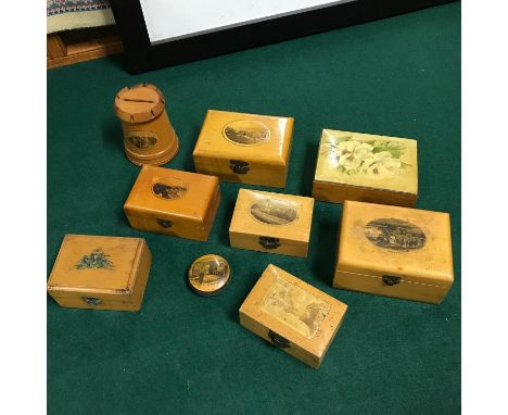 A Lot of 9 Mauchline trinket boxes, bank and pin cushion. 