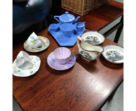 An Art Deco Royal Cauldron bachelors tea set, together with three Shelley cups &amp; saucers &amp; a Sutherland Lustre jug &a