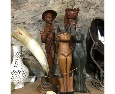 A mixed lot to include, wooden cat figurines, horn table lamp &amp; 2 oriental wooden carved figurines 