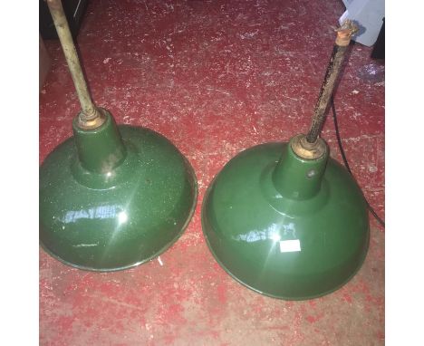 A Pair of Benjamin green enamel industrial lights 