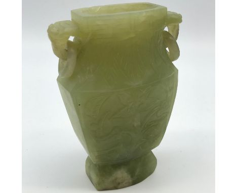 Early 20th century Chinese hard stone hand carved double handle urn vase. Measures 12.5cm in height 