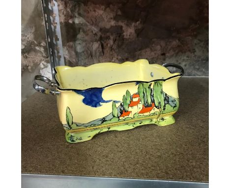 A Rare Art Deco hand painted Red Roof biscuit container with two chrome handles, Styled in a Clarice Cliff design. 