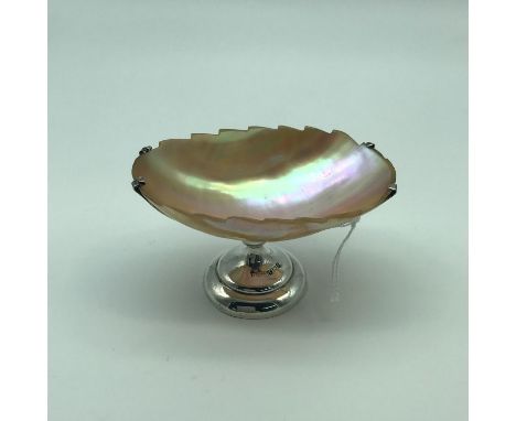 A Birmingham silver and mother of pearl shell tazza dish. Maker J C Plimpton &amp; Co. Measures 5.5x10x6cm 