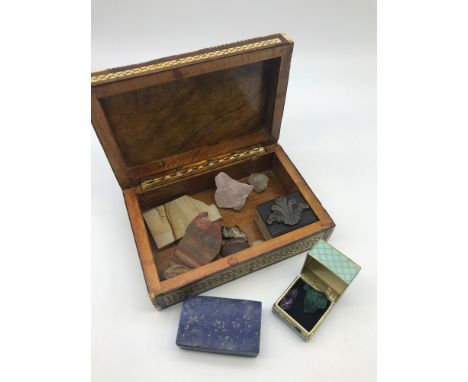 A Collection of precious and hard stones, Includes raw Emerald stone, Fossil &amp; A Lapis Lazuli hardstone and white metal t