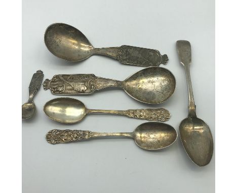 A Lot of 5 various 800 Grade Sterling silver Norwegian spoons by Victor Carlsen. Together with a Victorian Newcastle tea spoo