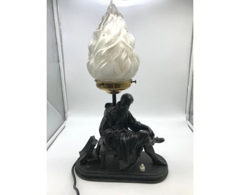 Early 20th century spelter William Shakespeare figurine table lamp, designed with a frost flame glass shade. In a working con