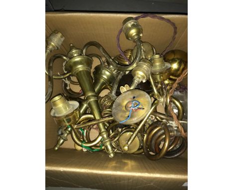 A Box of vintage wall light fittings and vintage curtain pole hoops and bobbles.