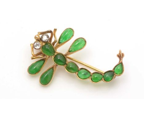 A jade and diamond dragonfly pattern brooch, the body and wings set with jade cabochons, the eyes set with brilliant cut diam