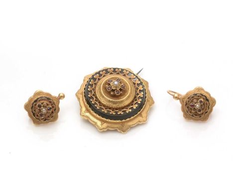A Victorian mourning brooch and matching earrings, set with a seed-pearl and ruby cluster within yellow gold mount and onyx p
