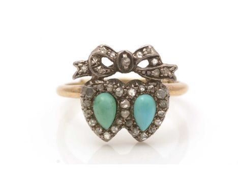 A Victorian diamond and turquoise ring, designed as entwined hearts under a bow, set with two turquoise cabochons and rose-cu