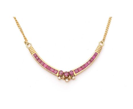 A ruby and diamond necklace, set with circular facet-cut and square single-cut rubies above small brilliant-cut diamonds, in 