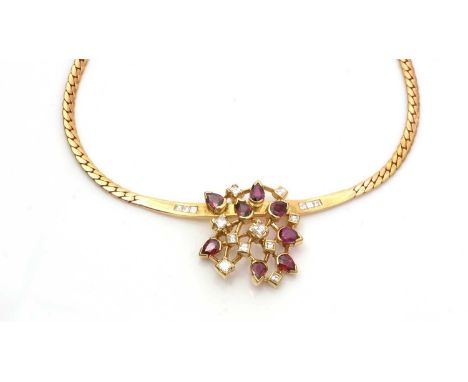 A ruby and diamond necklace, the pendant set with graduated square step-cut diamonds and pear-cut rubies, in 18ct yellow gold