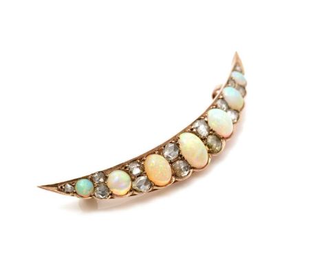 A Victorian opal and diamond crescent brooch, the seven oval opal cabochons parted by pairs of rose-cut diamonds, in yellow-m