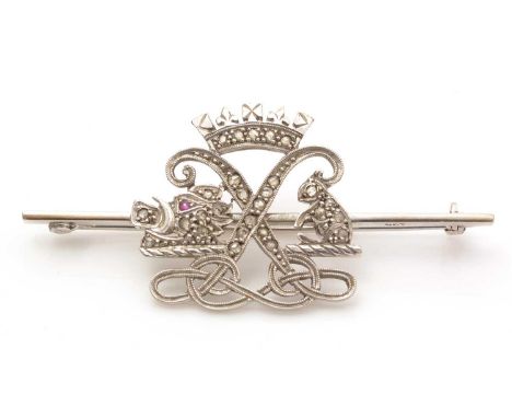 An early 20th Century diamond sweetheart brooch for the Argyle &amp; Sutherland Highlanders, the boar with ruby eye, in 9ct w