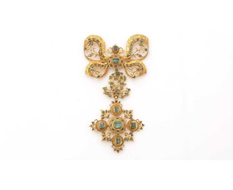 An 18th Century Spanish emerald and high-carat gold pendant, probably Cordoba c.1750, pierced and chased with floral decorati