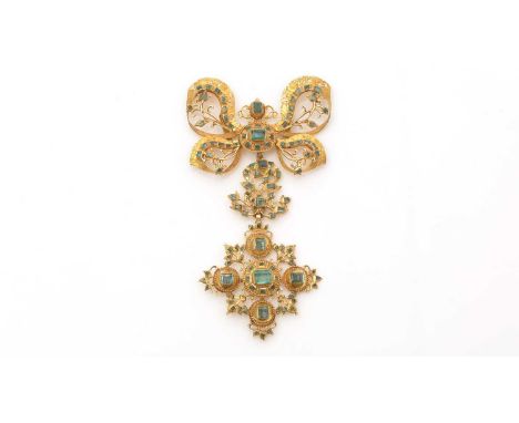 An 18th Century Spanish emerald and high-carat gold pendant, probably Cordoba c.1750, pierced and chased with floral decorati