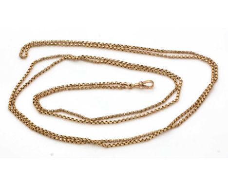 A 10ct yellow gold muff chain, the clasp stamped 'M&amp;M 10', of uniform circular links, 164cms long overall, 31.6g.