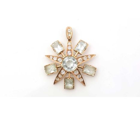 An Edwardian aquamarine and white sapphire pendant, of star pattern with central circular aquamarine surrounded by rectangula