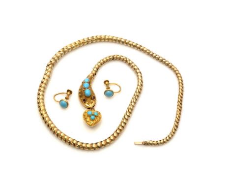 A Victorian gold snake pattern necklace, the graduated scale link body terminating in a turquoise cabochon mounted snake head