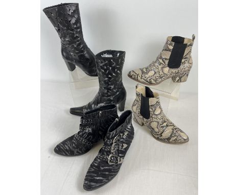 3 pairs of faux leather and faux suede ladies boots. A pair of snake skin block heel boots (size 6.5), a pair of black boots 