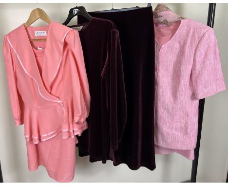 3 ladies skirt suits. A maroon velvet matching top and skirt (size 10 &amp; 12), a 3 piece skirt suit by First avenue in pink