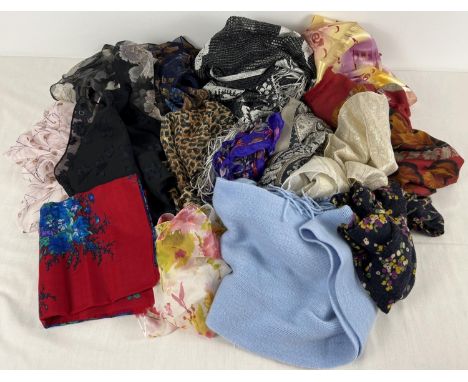 A collection of 17 vintage and modern scarves, in various designs and sizes. To include floral, metallic thread and animal pr