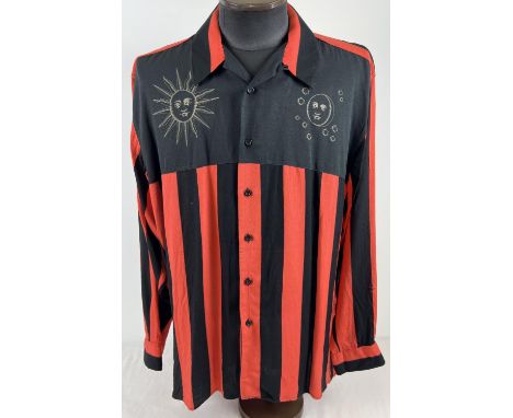 A black and red stripe button front shirt by Daniel Poole, London, with sun and moon motif to front. Size M. 