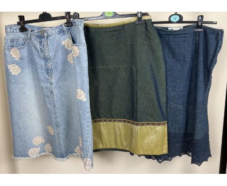 3 ladies knee length denim skirts. Light denim with cream lace appliques, dark denim with green taffeta detail and a dark den