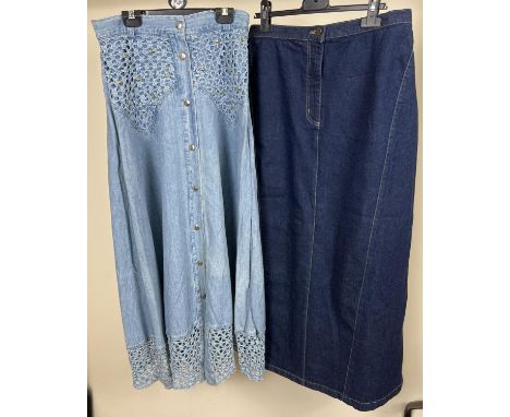 2 long A line denim skirts. A dark denim with single pleat to back (size 14) and a light blue button front skirt with crochet