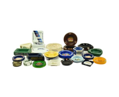 Breweriana - A mixed selection of 20th century and later point of sale advertising pub / bar ashtrays. Glass, ceramic and pla
