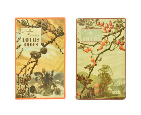 Lotus Shoes - A pair of vintage mid 20th century shop display point of sale advertising showcards. Each with pictorial countr