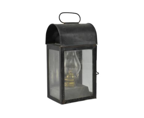 Railwayana - a 19th century Victorian oil lamp / lantern. The lamp in black painted iron carry case with handle, three sides 