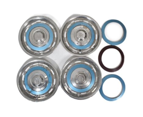 Rolls Royce - a set of four vintage original Rolls Royce stainless steel car wheel hub caps with blue disks, for a Silver Sha