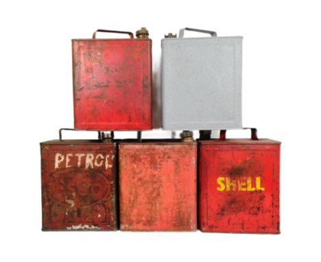 Automobilia - a collection of five vintage Esso &amp; Shell petroleum oil tank cans. Each measuring approx. 28cm x 25cm x 15c