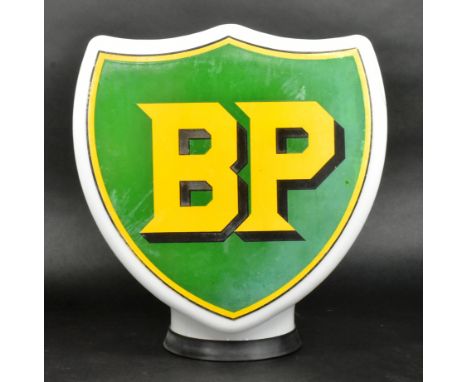 BP Petrol - a vintage BP doubled sided shield shaped glass petrol pump globe. Maker Haliware England stamped on the neck. Ins