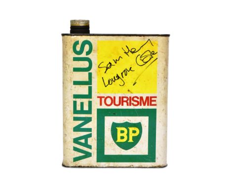 Petroliana - a vintage BP ' Vanellus Tourisme ' petrol can signed in black ink by TV personalities Sam Lovejoy &amp; Henry Co