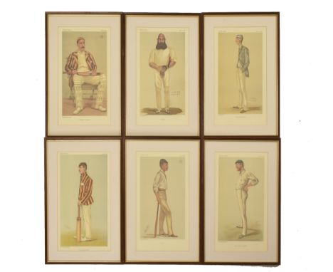 A collection of six Victorian 19th century Vanity Fair lithograph prints of cartoon cricketers by Spy. The lot comprising 'Cr